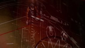 Player dribbling animated chart overlay court to hoop, leaping and dunking for sports analytics. Sports, technology, analysis, motivation, training, motion, innovation - Powered by Shutterstock - Get 15% off with code: PIKWIZARD15