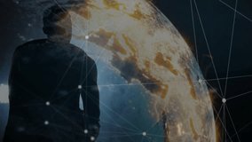 Tech team wearing VR headset summoning 3D Earth, manipulating globe numeric overlays for analytics. Futuristic, innovation, collaboration, digital, immersive, connectivity, visualization - Powered by Shutterstock - Get 15% off with code: PIKWIZARD15