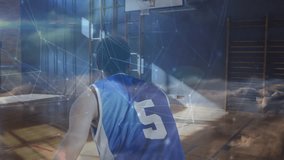 Player cradling basketball initiating tech overlays highlighting shot arc and making shot. Sports, athlete, technology, motion, animation, performance, training - Powered by Shutterstock - Get 15% off with code: PIKWIZARD15