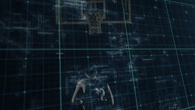 Basketball player gripping ball and aiming jump shot while glowing grid and data points pulsing. Athlete, sports, motion, digital, futuristic, dynamic, performance - Powered by Shutterstock - Get 15% off with code: PIKWIZARD15