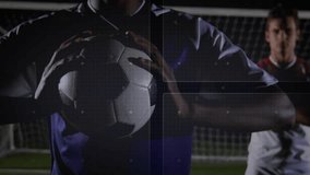 Player gripping ball at goal, code overlay expanding circuit lines and globe mapping for technology. Athletic, teamwork, futuristic, innovation, sport, digital, visualization - Powered by Shutterstock - Get 15% off with code: PIKWIZARD15