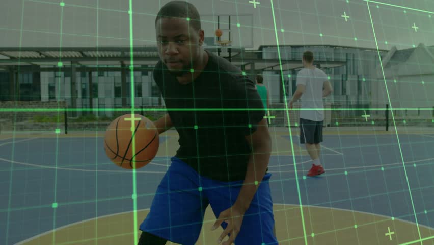 Basketball player entering rooftop 3-point arc and dribbling with grid mapping for sports analytics. Athletics, teamwork, urban, innovation, motion, focus, motivation - Powered by Shutterstock - Get 15% off with code: PIKWIZARD15