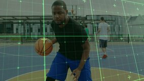 Basketball player entering rooftop 3-point arc and dribbling with grid mapping for sports analytics. Athletics, teamwork, urban, innovation, motion, focus, motivation - Powered by Shutterstock - Get 15% off with code: PIKWIZARD15