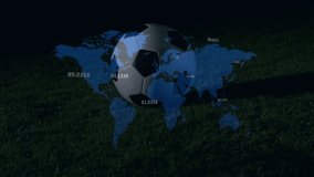 Faint grid appearing over grass, soccer ball rotating and expanding map overlay showing global data. Geography, analytics, visualization, technology, global, digital, innovation - Powered by Shutterstock - Get 15% off with code: PIKWIZARD15