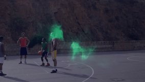 green or yellow player dribbling after hologram sphere enveloping six players showcasing sports tech. Athletics, teamwork, innovation, futurism, outdoor, dynamic, energy - Powered by Shutterstock - Get 15% off with code: PIKWIZARD15