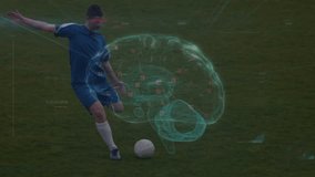 Teenage player jogging dribbling ball as holographic overlay tracking motor control in sports. Athlete, sports, biomechanics, technology, innovation, motion, analysis - Powered by Shutterstock - Get 15% off with code: PIKWIZARD15