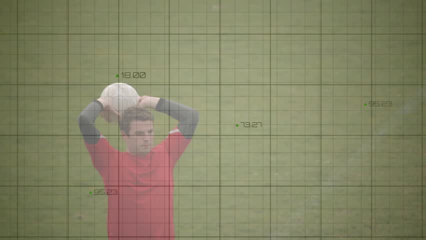 Male athlete throwing soccer ball for sports analytics, transparent grid and charts animating. Athleticism, visualization, performance, sports technology, data analysis, outdoor, dynamic - Powered by Shutterstock - Get 15% off with code: PIKWIZARD15