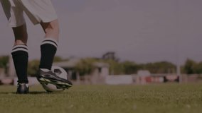 Female soccer player resting foot on ball tapping starting data overlay showing performance metrics. Athletic, fitness, technology, analysis, training, competition, motion - Powered by Shutterstock - Get 15% off with code: PIKWIZARD15