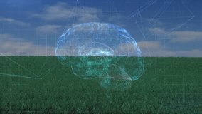 Soccer ball appearing from left rolling through floating holographic brain visualizing network flow. Futuristic, neuroscience, digital, innovation, technology, virtual, conceptual - Powered by Shutterstock - Get 15% off with code: PIKWIZARD15