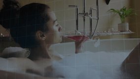 Bathing woman sipping wine in candlelit bath, activating tech circuitry overlay scanning wine glass. Luxury, relaxation, wellness, technology, innovation, spa, serenity - Powered by Shutterstock - Get 15% off with code: PIKWIZARD15
