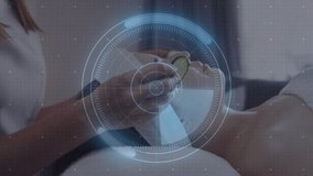 Spa therapist lifting cucumber slice and placing slices on client eyes as digital HUD scanning skin. Wellness, skincare, relaxation, technology, beauty, health, aesthetic - Powered by Shutterstock - Get 15% off with code: PIKWIZARD15