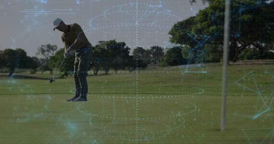 Golfer stepping on putting green and activating AR overlays, adjusting stance for analyzing putt. Augmentedreality, sportstech, digitalinterface, precision, competitive, outdoor, modern