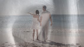 couple walking along shore as woman pointing ahead causing eye code overlay forming tech interface. Romantic, technology, futuristic, digital, landscape, connection, innovation - Powered by Shutterstock - Get 15% off with code: PIKWIZARD15