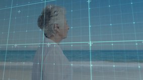 Senior woman gazing at horizon initiating tech grid overlay scanning profile on beach reflecting. Digital, futuristic, contemplative, minimalist, serene, interface, technology - Powered by Shutterstock - Get 15% off with code: PIKWIZARD15