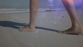 Woman walking barefoot on beach placing foot near surf and showing technology stride with particles. Seaside, leisure, serenity, minimalism, digital art, tranquility, wellness - Powered by Shutterstock - Get 15% off with code: PIKWIZARD15