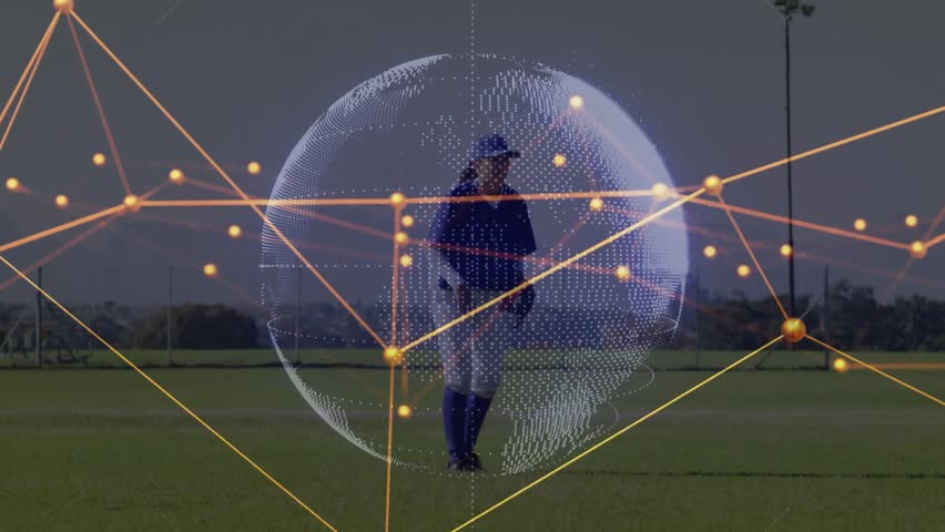 Baseball player tracking ball running leaping to catch while network overlay analyzing performance. Athlete, sports, digital, technology, motion, dynamic, stadium - Powered by Shutterstock - Get 15% off with code: PIKWIZARD15