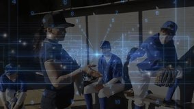 Female coach stepping into baseball dugout and offering ball to player for coaching under tech grid. Athletic, teamwork, mentorship, technology, training, motivation, vibrant - Powered by Shutterstock - Get 15% off with code: PIKWIZARD15