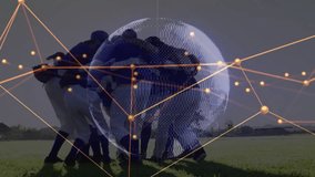 Women baseball players linking arms and launching glowing globe illustrating network connectivity. Athletes, teamwork, digital, futuristic, unity, innovation, connectivity - Powered by Shutterstock - Get 15% off with code: PIKWIZARD15