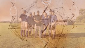 Left player raising arm while baseball team lifting gloves and fists cheering under DNA overlay. Athletes, teamwork, victory, celebration, sportsmanship, fitness, unity - Powered by Shutterstock - Get 15% off with code: PIKWIZARD15