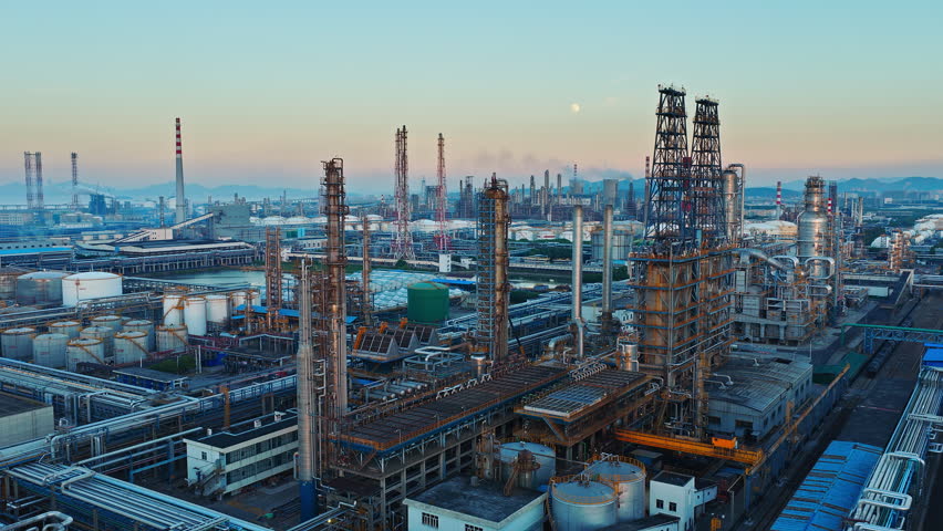 Aerial shot of an oil refinery and chemical plant with pipelines equipment in a large industrial area at dusk