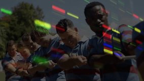 Camera panning across rugby teammates pulling rope on field generating dense gene data overlay. Athletic, teamwork, collaboration, strength, competition, outdoor, dynamic - Powered by Shutterstock - Get 15% off with code: PIKWIZARD15