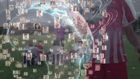 Rotating globe swirling faces while soccer player adjusting ball grip showing fan links in sports. Global network, connectivity, sports, digital, innovation, teamwork, stadium - Powered by Shutterstock - Get 15% off with code: PIKWIZARD15