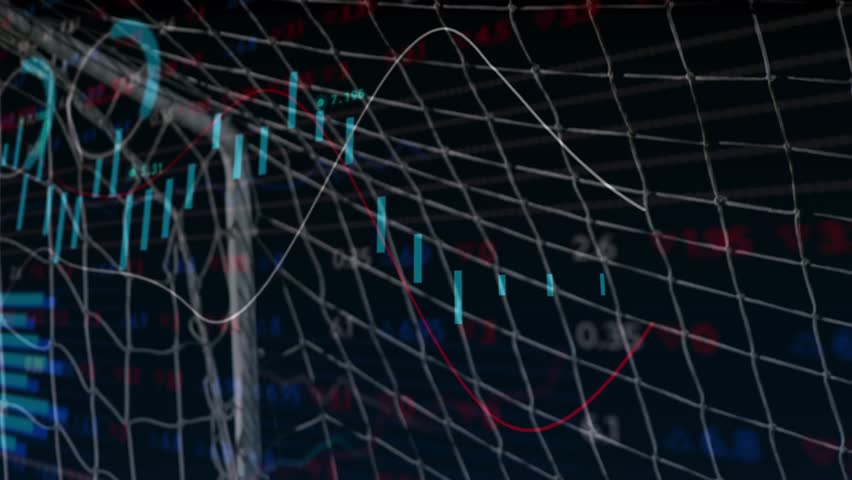 Goalkeeper boot and glove striking soccer ball into net, causing financial charts surging upward. Soccer, sports, digital, finance, data visualization, animated, technology - Powered by Shutterstock - Get 15% off with code: PIKWIZARD15