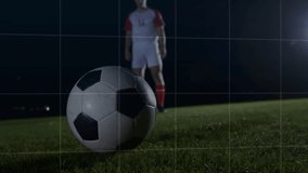 Male athlete shifting weight on night soccer, rising blue charts and world map data guiding kicking. Athlete, sports analytics, digital interface, performance tracking, outdoor stadium, motion - Powered by Shutterstock - Get 15% off with code: PIKWIZARD15