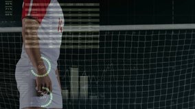 Soccer player facing goal net night data overlays fading then heading ball updating sports data. Athlete, analytics, futuristic, training, competition, digital, visualization - Powered by Shutterstock - Get 15% off with code: PIKWIZARD15