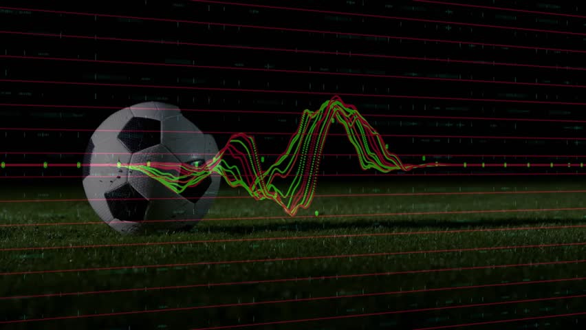 Green waveform pulsing over red grid initiating red-socked cleat entering and kicking soccer ball. Athleticism, sport, competition, motion, digital, technology, energy