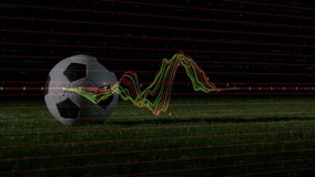 Green waveform pulsing over red grid initiating red-socked cleat entering and kicking soccer ball. Athleticism, sport, competition, motion, digital, technology, energy - Powered by Shutterstock - Get 15% off with code: PIKWIZARD15