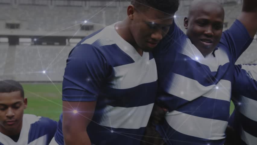 Locking shoulders rugby players advancing forming scrum for ball possession with data overlay. Athletics, teamwork, competition, strength, fitness, tactical, outdoor - Powered by Shutterstock - Get 15% off with code: PIKWIZARD15