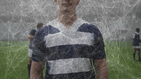 Data overlay causing pullback showing rugby player catching ball with teammates in sports analysis. Athletic, teamwork, sports, performance, outdoor, strategic, modern - Powered by Shutterstock - Get 15% off with code: PIKWIZARD15