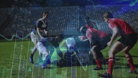 Rugby players forming ruck post tackle, animated data charts highlighting live technology metrics. Athletic, competitive, strategic, teamwork, outdoor, dynamic, sports - Powered by Shutterstock - Get 15% off with code: PIKWIZARD15