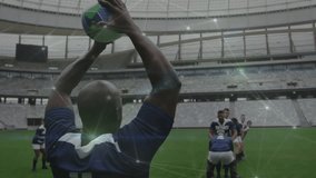 Thrower wearing number 2 throwing underhand into rugby lineout lifters raising jumper catching ball. Athletic, teamwork, competitive, action, sportsmanship, stadium, victory - Powered by Shutterstock - Get 15% off with code: PIKWIZARD15