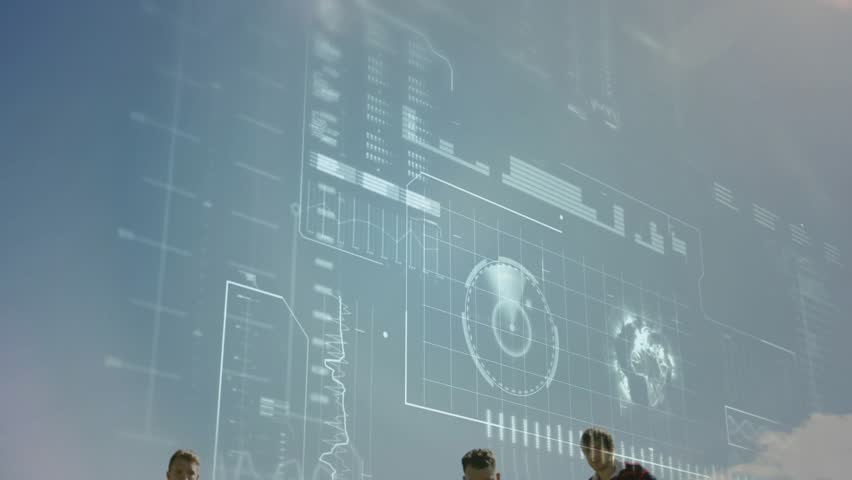 Three rugby players sprinting front player grabbing ball for possession, team high-fiving under HUD. Athletics, teamwork, resilience, digital interface, outdoor, active, competitive - Powered by Shutterstock - Get 15% off with code: PIKWIZARD15