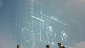 Three rugby players sprinting front player grabbing ball for possession, team high-fiving under HUD. Athletics, teamwork, resilience, digital interface, outdoor, active, competitive - Powered by Shutterstock - Get 15% off with code: PIKWIZARD15