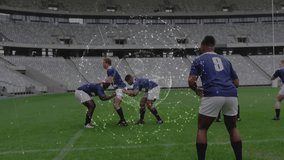 Rugby players in line-out lifting jumper after throw, passing ball with pulsing sphere overlay. Athletes, teamwork, sports, action, stadium, fitness, competition - Powered by Shutterstock - Get 15% off with code: PIKWIZARD15
