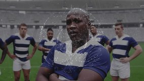 six rugby players on pitch, lineup initiating glowing network overlay visualizing team cohesion. Athletics, teamwork, connectivity, leadership, sportsmanship, strategic, resilience - Powered by Shutterstock - Get 15% off with code: PIKWIZARD15