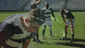 Athlete bending over post-play activating sports analytics overlay for performance insight. Performance, analytics, technology, teamwork, innovation, sportswear, data visualization - Powered by Shutterstock - Get 15% off with code: PIKWIZARD15