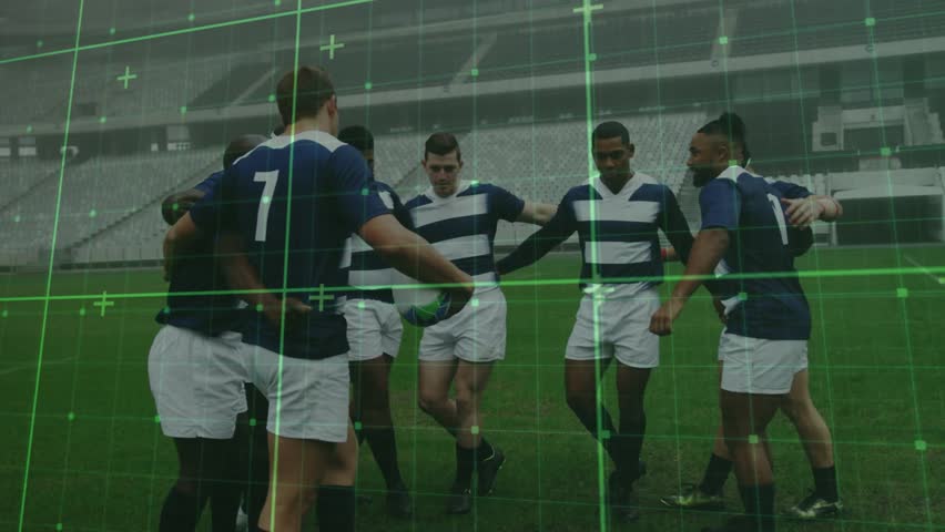 Rugby players sliding arms inward forming strategy huddle on wet pitch displaying grid overlay. Athletes, teamwork, strategy, physical, competition, motion, stadium