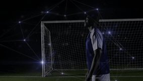 Incoming ball causing digital nodes overlay while soccer player executing bicycle kick netting goal. Athletic, competitive, futuristic, action, outdoor, resilience, technology - Powered by Shutterstock - Get 15% off with code: PIKWIZARD15