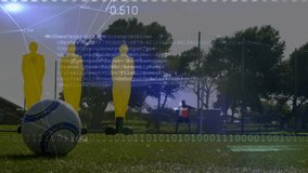 Soccer player stepping to ball and guiding strikes between dummies in training with digital overlay. Athletic, teamwork, digital, simulation, fitness, sportsgear, outdoor - Powered by Shutterstock - Get 15% off with code: PIKWIZARD15