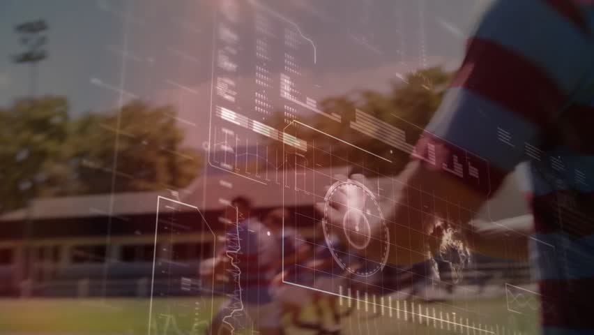 Data overlay appearing as rugby player passing ball while HUD updating for technology analysis. Athletics, teamwork, performance, digital, analysis, strategy, sportswear - Powered by Shutterstock - Get 15% off with code: PIKWIZARD15