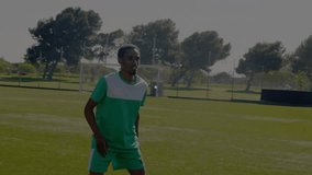 Ball entering activating sports overlay tracking as player heading ball and teammate dribbling. Athletic, teamwork, data visualization, performance, digital interface, outdoor, vibrant - Powered by Shutterstock - Get 15% off with code: PIKWIZARD15