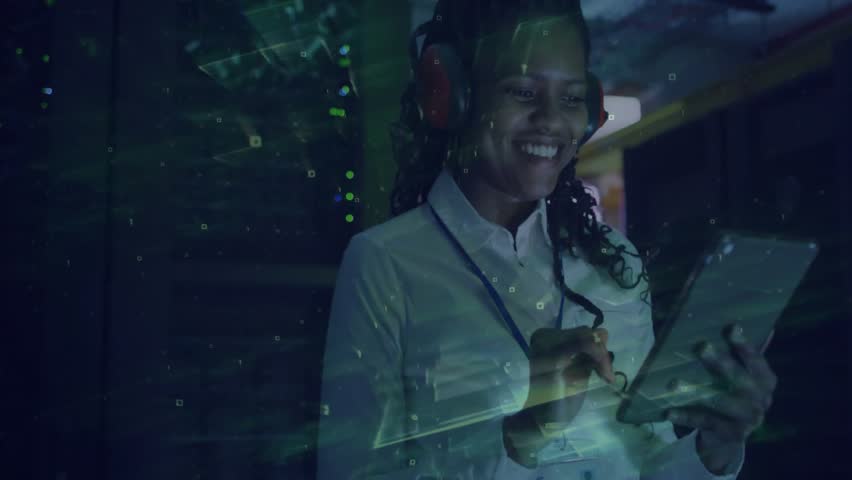 IT tech powering on tab in server room activating green overlay scrolling confirming server status. Technology, data, cybersecurity, innovation, digital, professional, futuristic - Powered by Shutterstock - Get 15% off with code: PIKWIZARD15