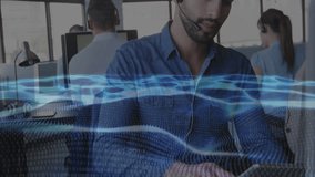 Call-center agent starting speaking at desk, generating blue wave for data visualization. Technology, teamwork, data, communication, modern, professional, digital - Powered by Shutterstock - Get 15% off with code: PIKWIZARD15