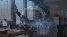 Male colleague lifting hand and activating 3D globe rotating for data analysis in technology office. Holography, collaboration, innovation, futuristic, data visualization, corporate, digital - Powered by Shutterstock - Get 15% off with code: PIKWIZARD15