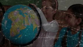 Girl bringing globe onto desk and spinning for geography study, classmates pointing continents. Educational, teamwork, exploration, learning, collaborative, curiosity, classroom - Powered by Shutterstock - Get 15% off with code: PIKWIZARD15