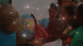Blue-shirted girl volunteering by spinning globe in class and classmates exploring continents. Educational, teamwork, diversity, exploration, learning, classroom, discovery - Powered by Shutterstock - Get 15% off with code: PIKWIZARD15